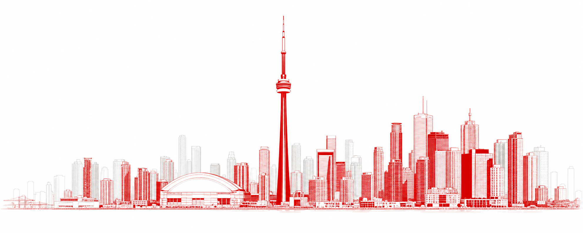Toronto skyline with the CN Tower illustrated in Aujla Films red